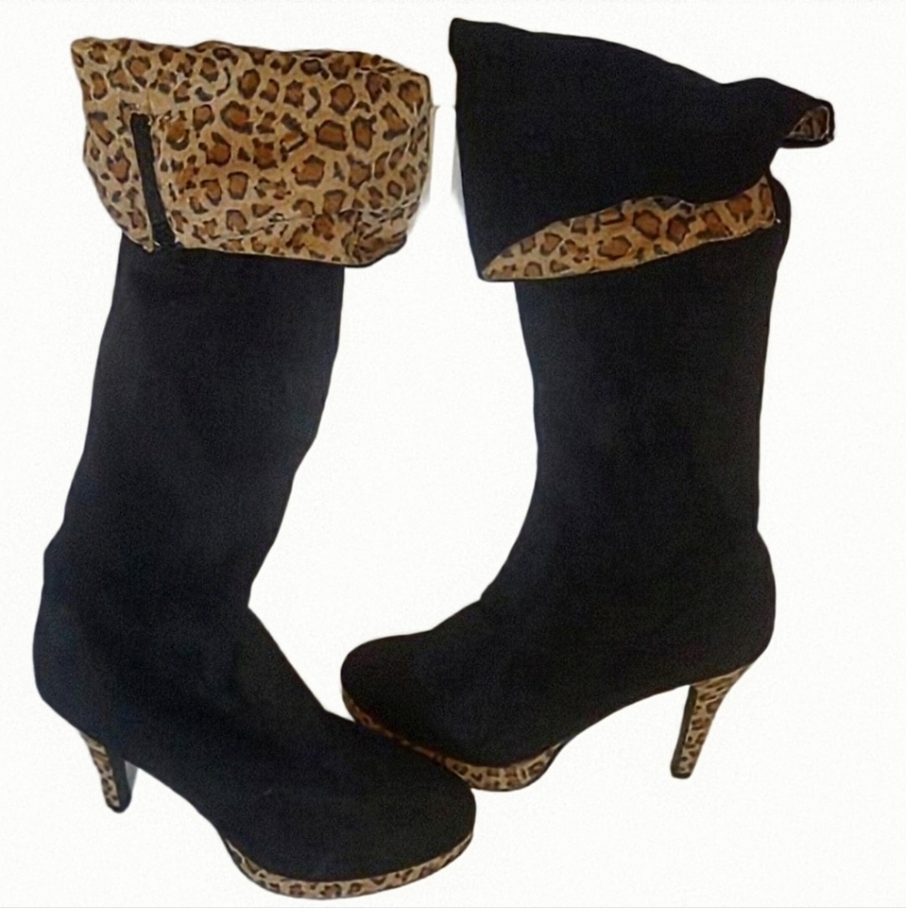 Midnight Velvet Over The Knee Suede Stiletto Boots Black/Leopard Sz. 9W